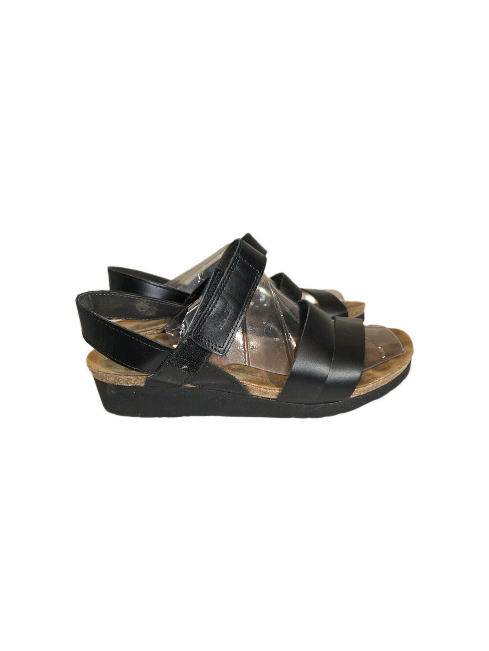 naot shoes for women Sz 10 Kayla Leather And Cork Sandals Black Straps Low Wedge